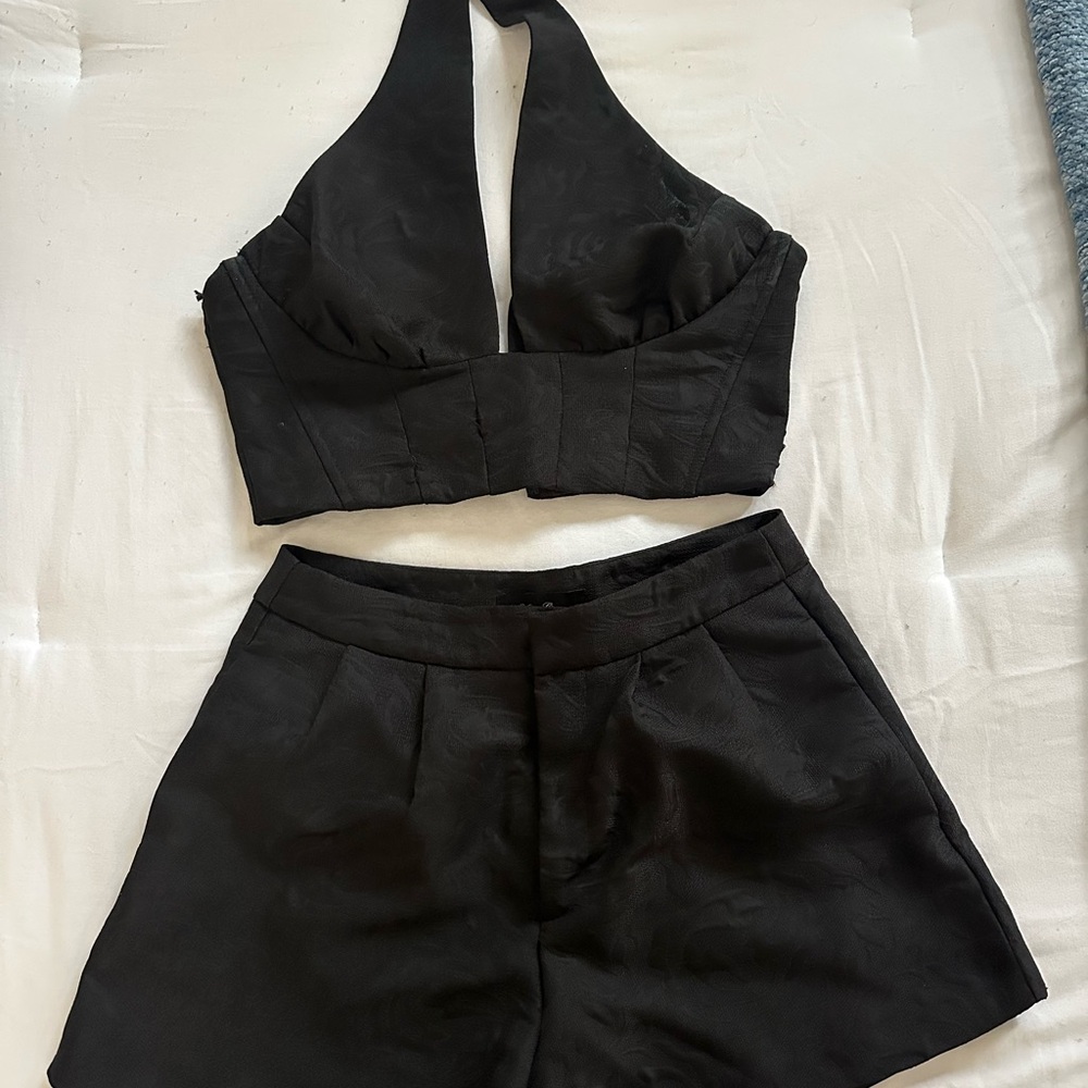 Anna Grace Black Two-Piece Outfit with Halter Top and High-Waisted Shorts